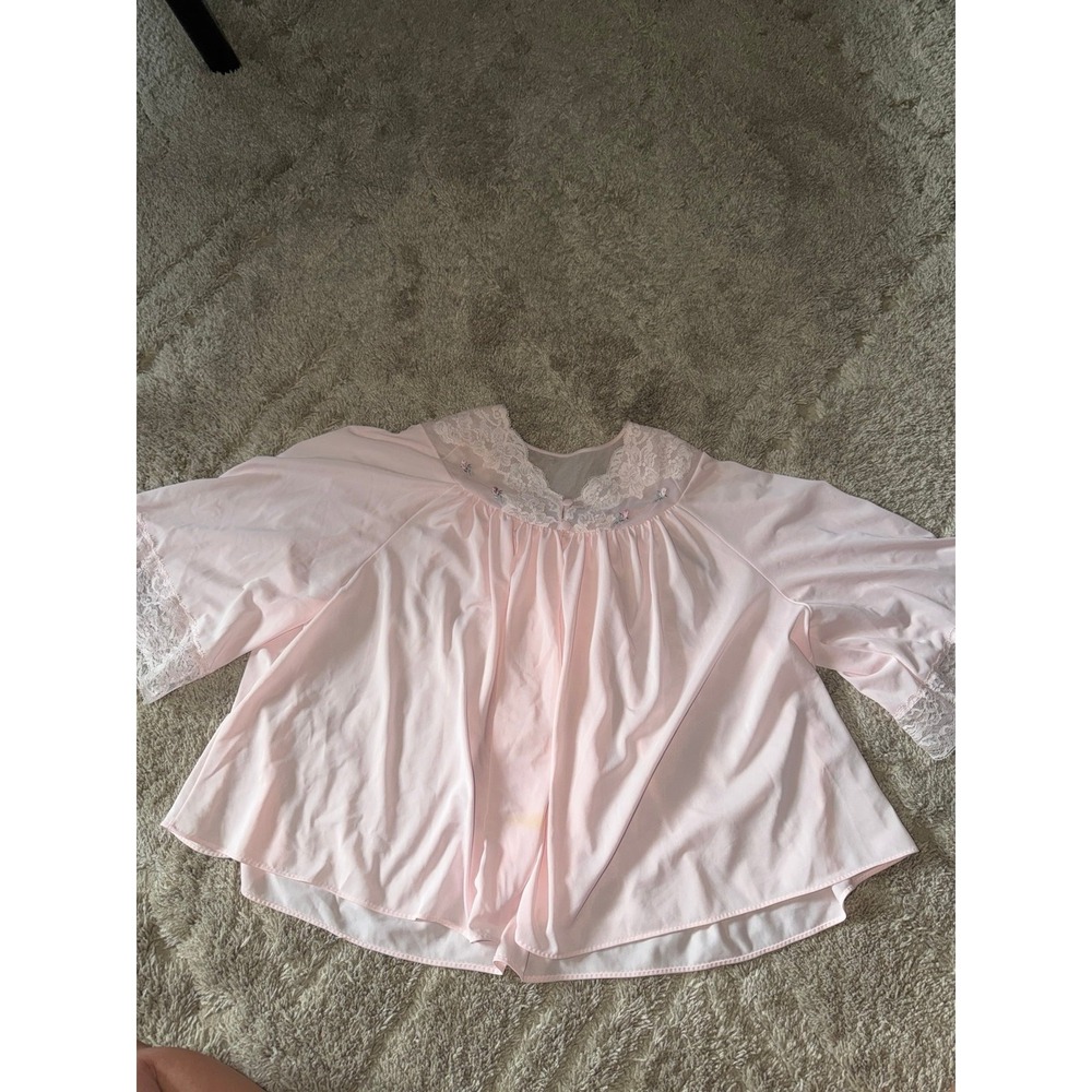 Vintage Shadowline Satin Silky Pink Babydoll Floral Embroidered Shaw Top